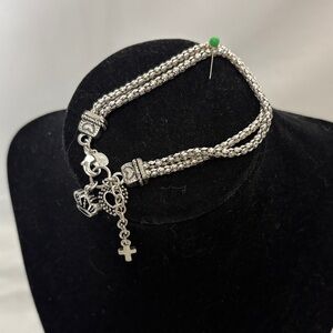 Premier Designs Silver-Tone Popcorn Charm 7” Bracelet with Cross & Crown Hostess